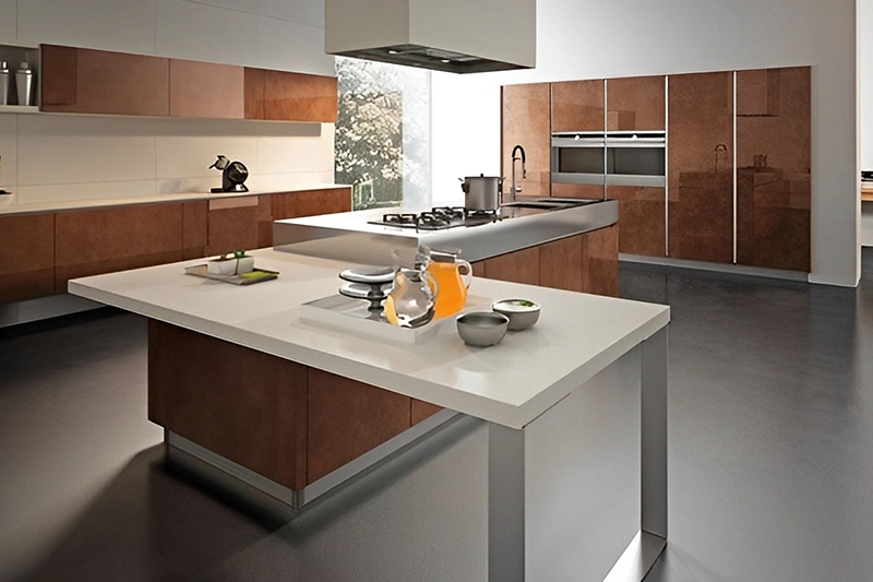 Modern kitchen with a large island and wooden cabinets.