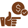 A hand gesture with a thumbs-up and a pointing finger toward a dollar sign with a check mark.