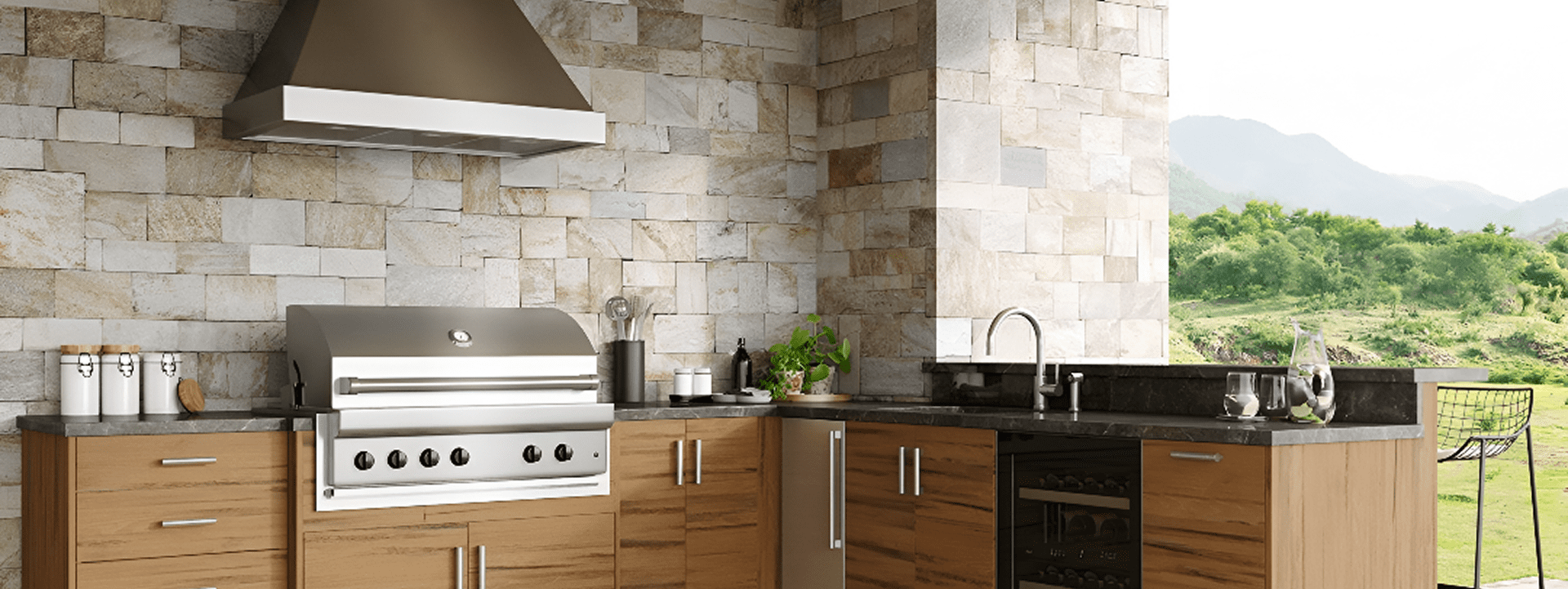 Modern kitchen corner with wood cabinets and stone tile walls.