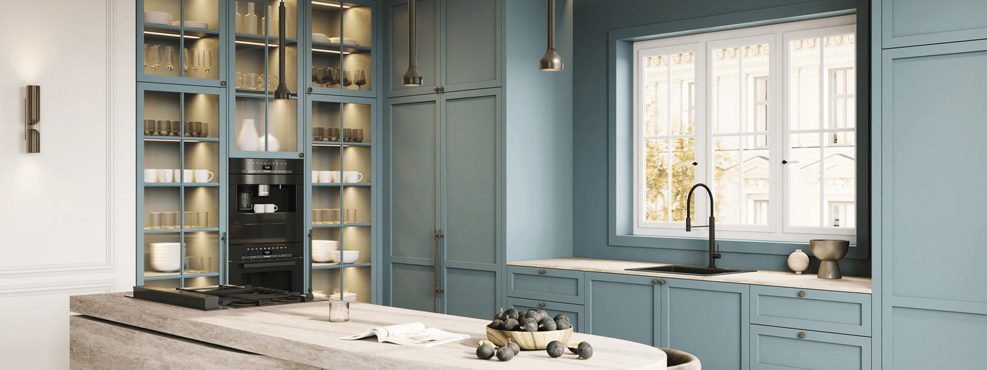 Elegant kitchen with blue cabinetry and a wooden countertop.