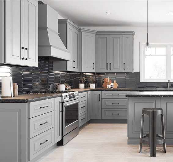 Modern kitchen with gray cabinets and a black tile backsplash.