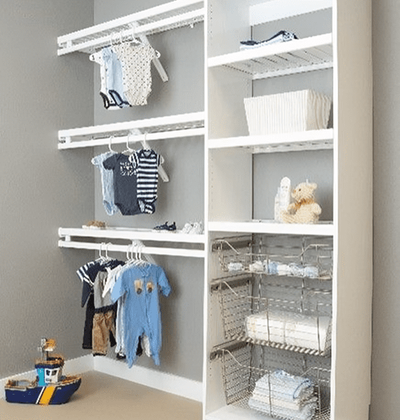 A child’s closet with clothes and toys neatly organized.